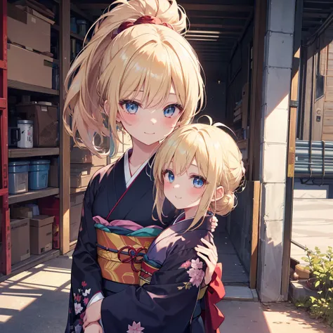 ( Best Quality 、8k、masterpiece))、(( 1 girl))、(( cute))、 big smiles in the garage、 blushing 、 and the mouth is open、Blonde color hair、 ponytail、 super detailed face、 super detailed eyes、Ultra detailed hair、(( kimono))、Beautiful Obi、Inside the Japanese-style...