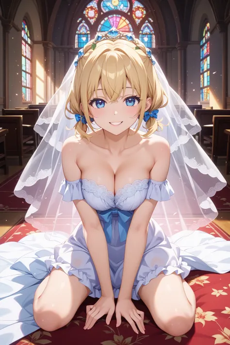 bride、 wedding style 、 wedding style の写真、Luxury Dresses、church、 light clothing、 Formal wear、  knight 景、illumination、 blue eyes、 blondes、 short hair with shadows、Hair tied up、 full body photo、 old man with sexy face 、 short hair with shadows、 Complete look、...