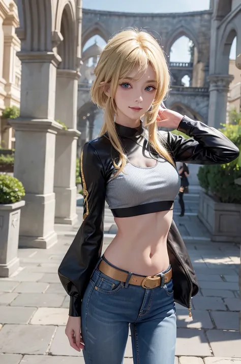 LUMINE, blonde hair, blue eyes, crop top, midriff, navel, long black sleeves, gold belt, long low-waist jeans, black shoes, smile, park, cathedral, standing photo pose, (masterpiece, high details, best quality, highres, HD, 4K, 8k, super detail)