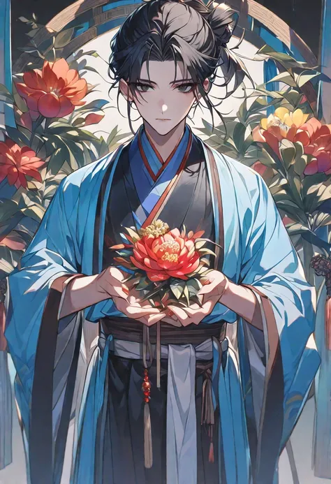 Alone, 1 male,  arranged black hair ,  black hair tied in a bow, with bangs,  detailed black eyes ,  passionate look ,  traditional Chinese tunic ,  simple light blue tunic , Hanfu ,  seen from the front , Exotic flowers,  different shades ,  tunic with a ...