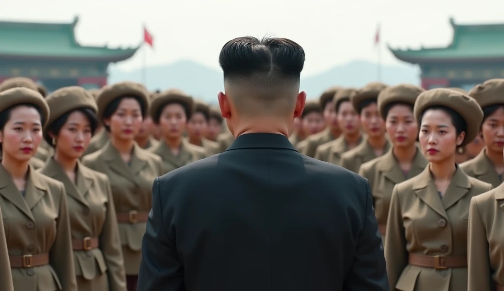 A group of North Korean female soldiers in uniform underwear stand in neat rows, all looking straight ahead. In front of them stands North Korean leader Kim Jong-un, wearing a formal suit, as if facing a scene in front of him that is not visible in the pic...