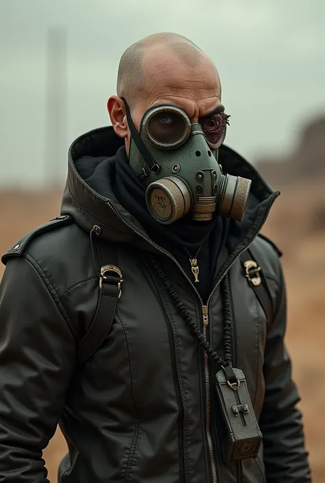 Tall bald , with a punctured eye wearing a Mad Max gas mask