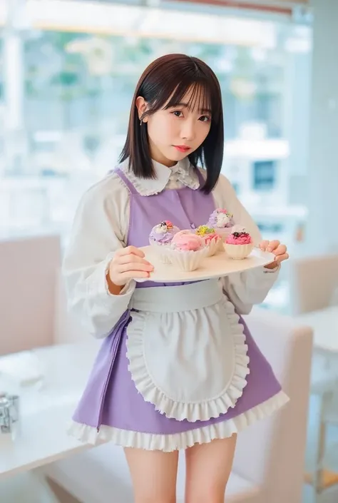 （whole body:1.5)  beautiful Japanese woman、Big magic eye、 Detailed Purple Eyes 、Pale pink lips、 thin eyebrows on boots、Modern cafe、 18 year old beautiful girl、Slender、 smooth and soft skin 、 bob cut、 dark purple hair、  asymmetrical bangs that grab the ches...