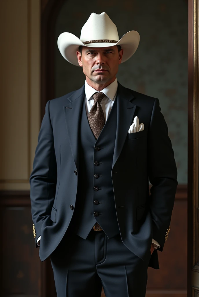 A Russian man wearing a white cowboy hat along with a dress suit and alligator leather boots 