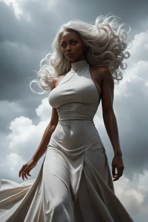 x-mens storm, white hair, dark skin, big breasts, coal dress, flowing hair, floating in sky, white eyes