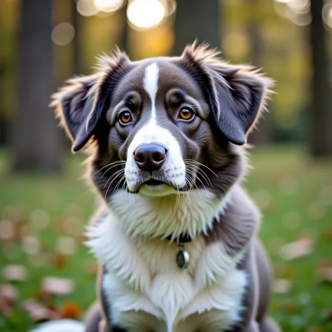 A medium gray and white dog with droopy furry ears in a park with trees