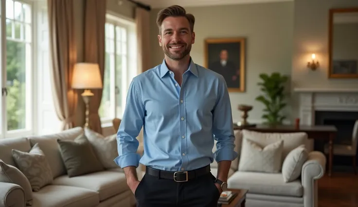 REALISTIC PHOTO OF A VERY HANDSOME 30-YEAR-OLD WHITE AMERICAN MAN WITH LIGHT BROWN HAIR WEARING BLACK PANTS WITH A BLACK BELT AND A BLUE SHIRT ,STANDING IN A BEAUTIFUL LIVING ROOM ...