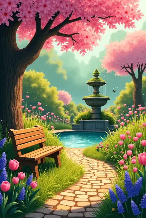 A lush, vibrant garden bathed in soft, golden sunlight, inspired by the whimsical and detailed style of Studio Ghibli. The scene includes a cobblestone path winding through an array of colorful flowers—roses, tulips, and lavender—bordered by tall, swaying ...