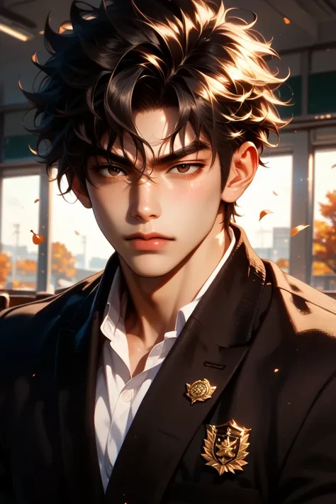 adult male, solo, sexy, broad shoulders, short hair, jet-black hair, messy hair, dark chocolate Brown eyes, (half closed eyes:1.0), detailed eyes, detailed face, (upset, fearless, assertive, sturdy), (black school uniform), looking at viewer, (autumn, mapl...