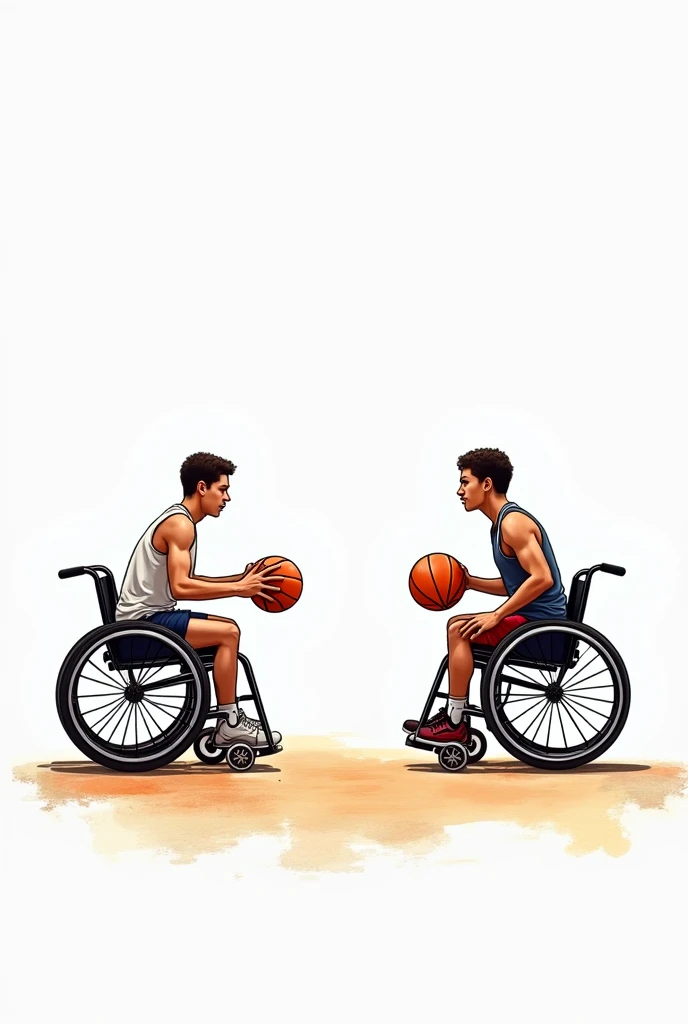  Draw me a picture of this exercise of two people playing basketball in a wheelchair :Tienen que aparecer dos filas en una canasta e irán saliendo por parejas encadenando Passes  y diferentes movimientos hasta llegar a la otra canasta,  once we approach th...