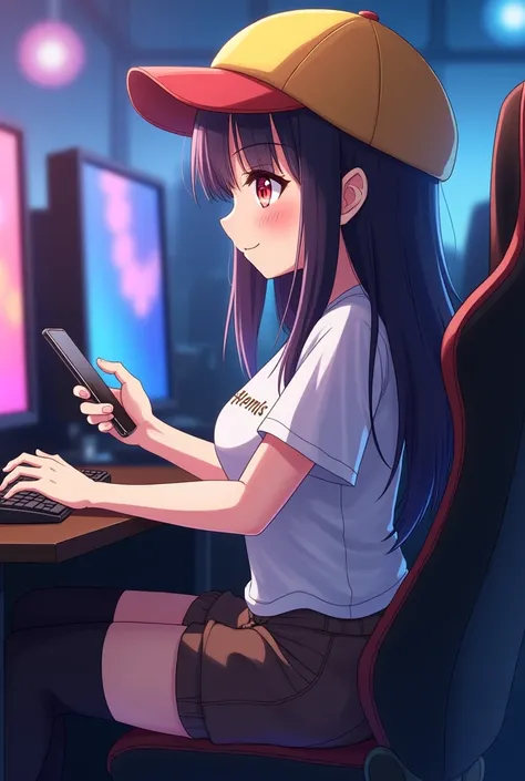 1 chubby fit girl, Long Hair, Reddish blue Eyes,mix of black blue and red purple Hair, Smile, Half smile, Tsundere, 1 fit chubby girl, Anime, Backlighting, From Side, girl, facing the screen, everywhere((velocity)) (((Women))), (girl while seat on seat and...