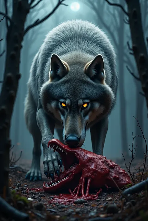 A wolf eating its prey in the dark is realistic