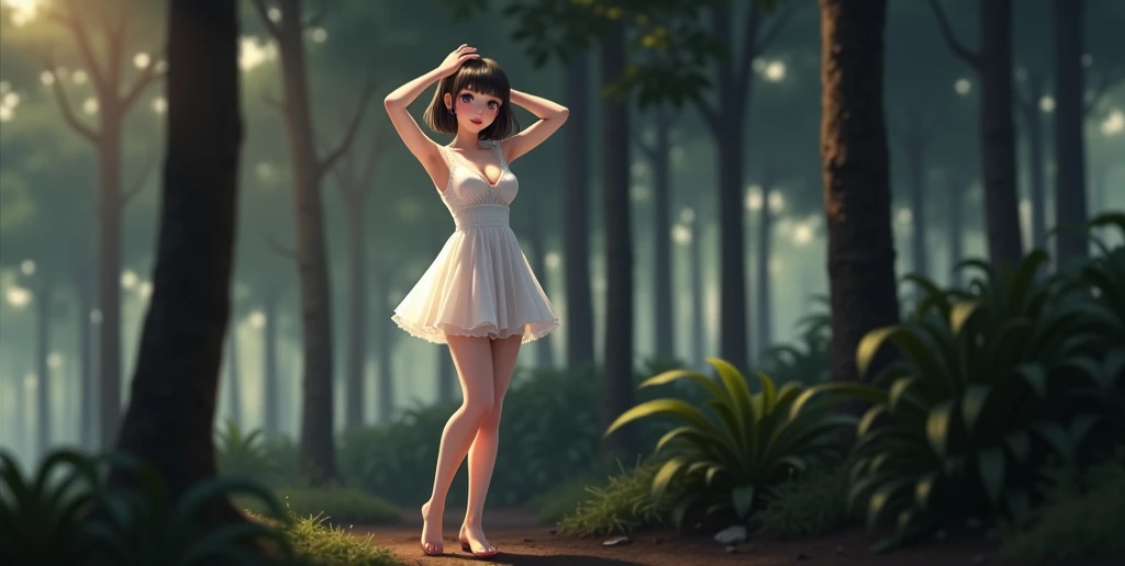 Photorealistic，Ultra high definition，Highest quality，Best Quality，8k，RAW Photos，Super detailed，Ultra-high resolution，(Amazingly cute Japanese real girl)，whole body，1 person，Facing forward，Early morning in the forest，Bright sunlight pours in，Backlight，White...