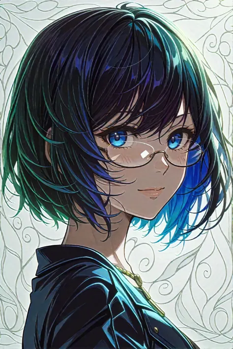 anime girl style,   short black hair with tips dyed dark blue  ,   designed with a modern and bold style  . Her hair is slightly disheveled to give it a dynamic and youthful touch. Her eyes are large and a deep blue color,  that reflect trust and strength ...