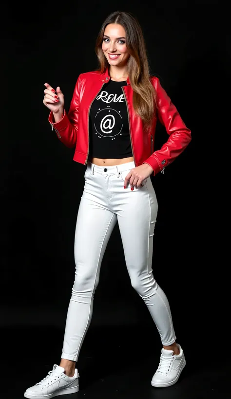  woman 20 years old,  long light brown hair,  green eyes,  huge breasts ,  flirty smile , white latex pants, black top with the legend "Reporter @" in white letters,  short red open leather jacket ,  Black background,  Jordan sneakers , Take open ,  full b...