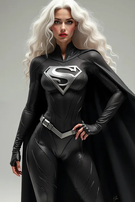 Create a highly detailed, ultra-realistic image of a young woman wearing a sleek, black superhero costume inspired by Superman, with a flowing cape and metallic details. The costume is tight-fitting, emphasizing her athletic build. She has long, curly whit...