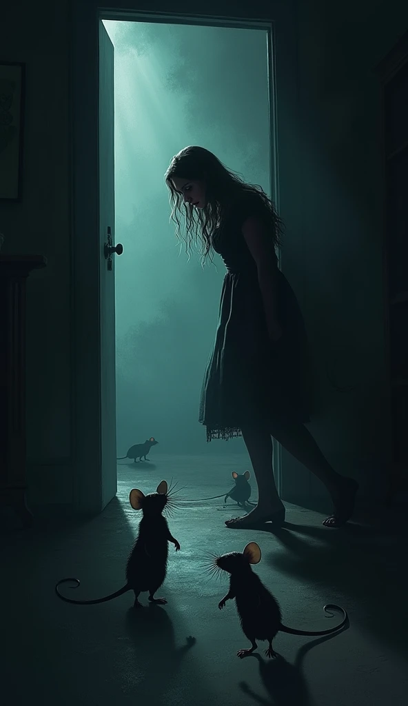 A room full of dark mice ,  that look more like shadows than animals ,  moving silently as a frightened lady looks out the door.