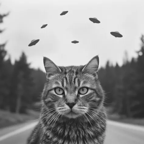 vintage black and white pics of scary cat appearing to take a "selfie" while 6 UFOs hover in the background over a forested area. The cat has a slightly concerned or bewildered expression, adding to the comedic effect of the scene. 