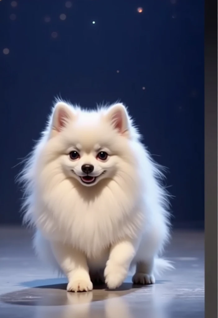 "A fluffy white dog with a cheerful expression, standing confidently on a smooth reflective floor. The background is a dark blue with soft glowing lights and bokeh effects, creating a dreamy and captivating atmosphere. The dog appears elegant and well-groo...