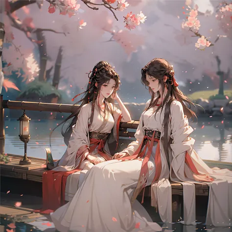 A serene scene set in an ancient Chinese-style courtyard, where young male and female disciples of a sword cultivation clan, dressed in traditional robes, are laughing, playing, and chatting after a long day of training. Some are sitting under a blooming c...