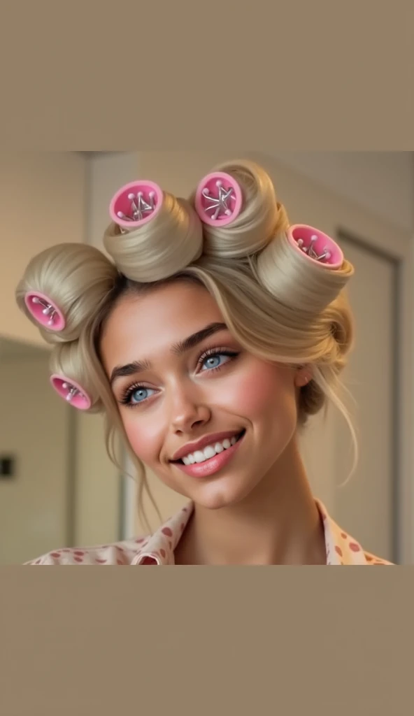 ((((Over-the-shoulder shot)))), close up, (((full body shot))), Beautiful (((Latina))) girl named Luna, (((her short blond hair curled in 5 plastic pink hair rollers with pins)))), 20 years old, light tanned, playful smiling, dressed in (((black tucked in ...