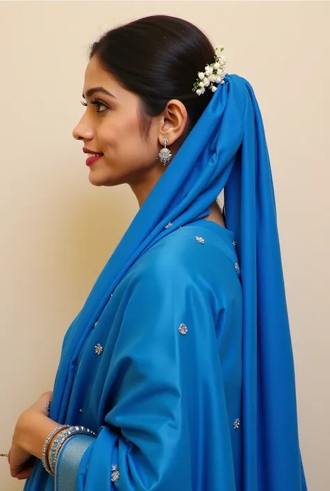 Blue colored sarees – silk or georgette sarees, which may have fine work on the pallu or corners. Blue color stole – Blue color stole with saree, which will look very similar. Belly flower - Belly flower beautifully decorated in the hair. Usually small flo...