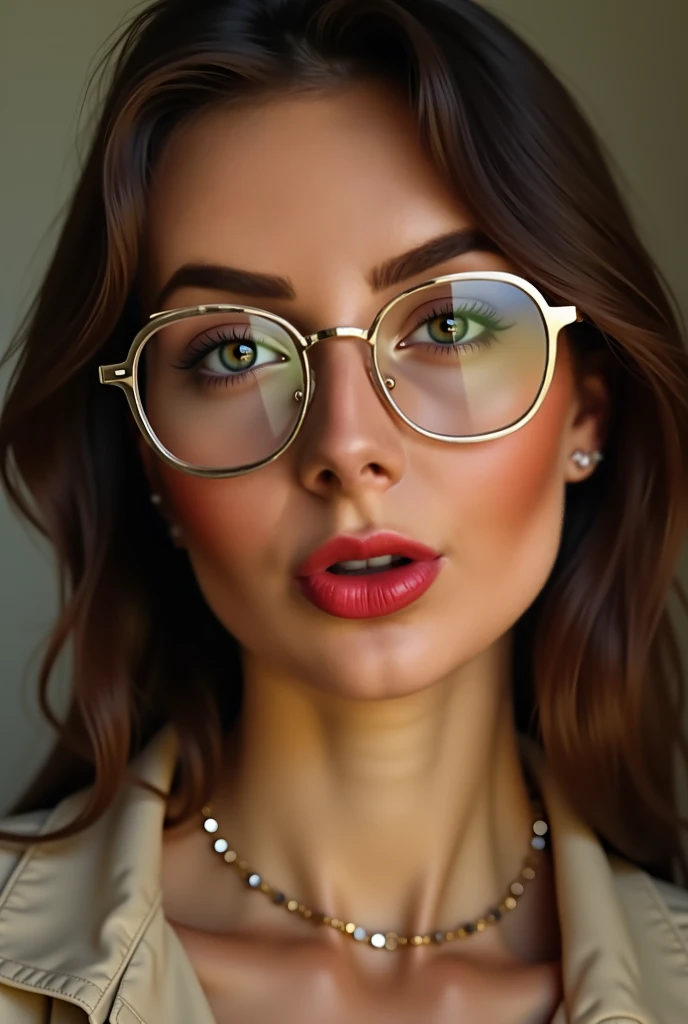 a close up of a woman wearing copos and a necklace, uma foto de Lena Alexander, instagram, realismo, eyecopos, girl with copos, copos frames, copos, transparent copos, with square copos, copos copos, copos without frames, thick copos, wearing gold copos, w...