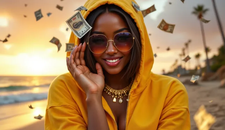 (1woman) a beautiful african american woman, full body view, wearing all yellow (hoodie), wearing gold jewelry, short bob hair style, reflective sunglasses, money falling all around, posing for camera, sunset, california beachy scene, HDR, 8k, ultra-detail...