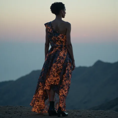  Create visualization of unique clothing design for 2025 .  Draw a womans dress with an adaptable ,  patterns into your design using smart fabrics in Future Dusk , with elements,  shades inspired by natural shapes - for example , waves or leaves . Show me,...