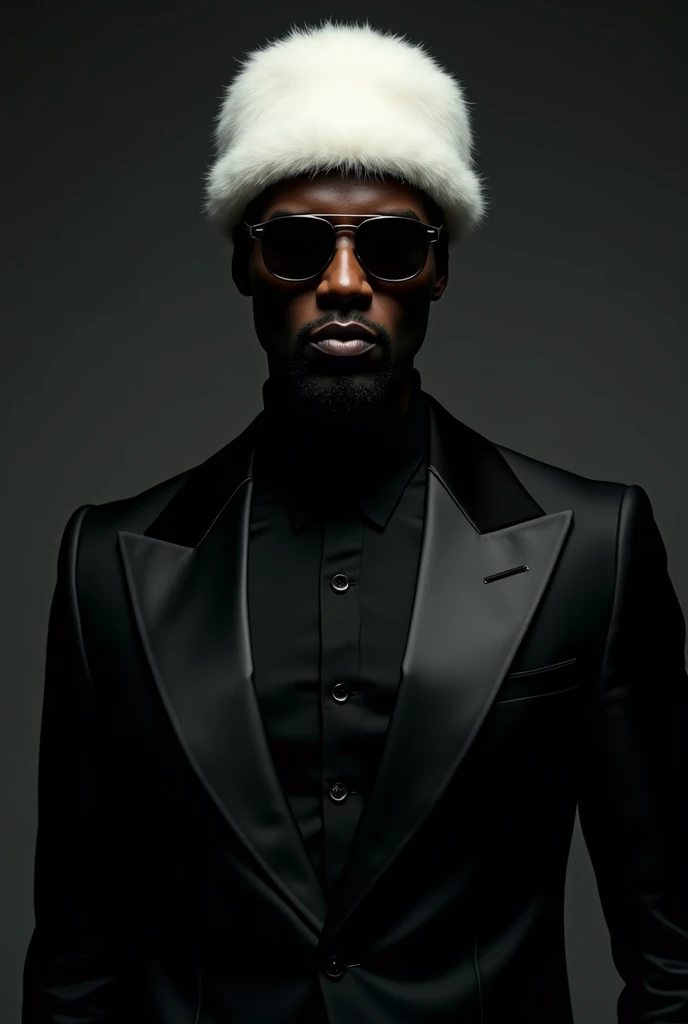 Create a black man in a completely black tuxedo , with tie,  with white ushanka and black glasses, also hallucinating a villain 