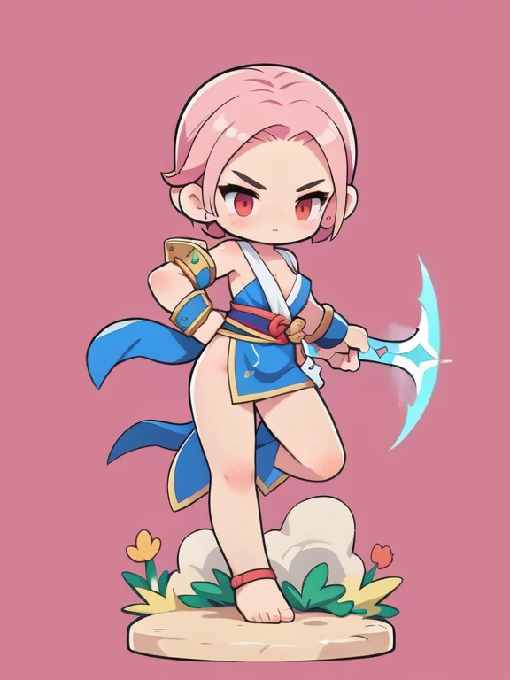 Short hair, naked, nude, cute female warrior style, European RPG Warrior , Greek Style Outfit, Hero pose with a sword and wield. dynamic pose, Battle Action , 3 tall , Natural background. pink hair, Full Body Protection , red eyes, Rotating and attacking a...