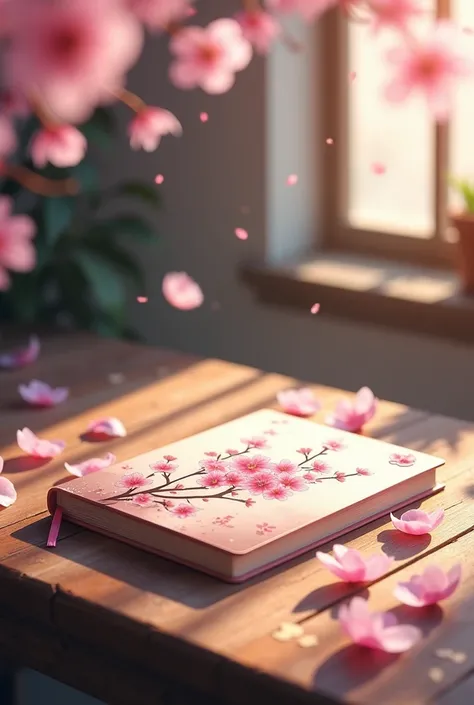 A delicate cherry blossom notebook rests on a wooden table, surrounded by soft pink petals, bathed in warm sunlight, evoking a serene, springtime atmosphere.