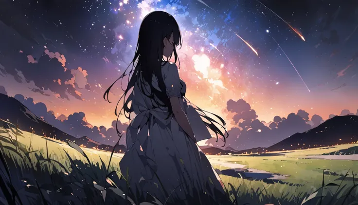 Silhouettes of ren standing on a secluded meadow、Midnight Sky、meteor、Showa Era Scenery、watercolor、Half-body photo、 high res, masterpiece, 最高quality,  Details, 高い Details,  high resモデル, 高quality, quality, Very  Detailsed,  Ultra Fine, 