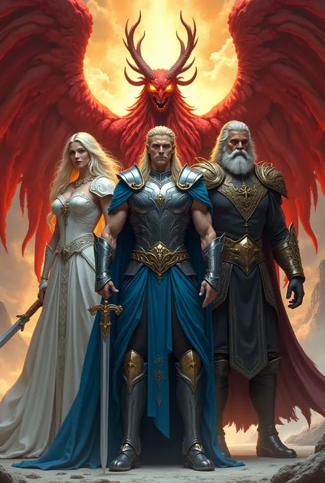  A book cover with a valkyrie centered with a blue armor,  next to Odin with white armor and sword .  The other Zeus in a black suit with gold details . All facing forward .  And a giant red spriggan in the back with fiery wings.