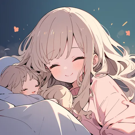  top quality ,  ultra detail,  illustration, cute,  girl ,  Beige Hair,  long hair,  wave hair,A mother is sleeping with her daughter *****,  happy face ,  cute寝顔, Gentle colors, happy sight ,  a work with warmth ,break,Light effects, light production