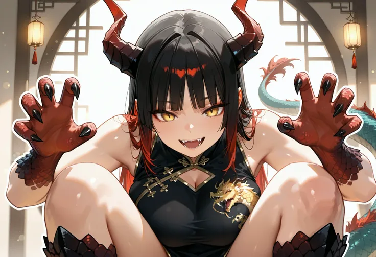 (masterpiece, best quality, high quality, highres, ultra-detailed), 1girl, hime cut bangs hair, two tone hair, crimson red hair, black hair, mature woman, dragon lady, golden eyes, mature and calm expression, dragon tail, fangs, dragon horns, dragon thighs...