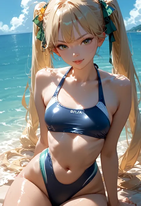  Japanese anime woman 、Blonde、 Long Twin Tails　、Very skinny and small breast 、 swimsuit　Italian beautiful beach background、 squats