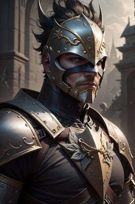 BRUTAL Berseker dark Knight close up portrait with steel and gold flower sculpt engraved armor and steel face mask like a king baldwin . Epic dark fantasy atmosphere, elden ring hoslow armor refrence