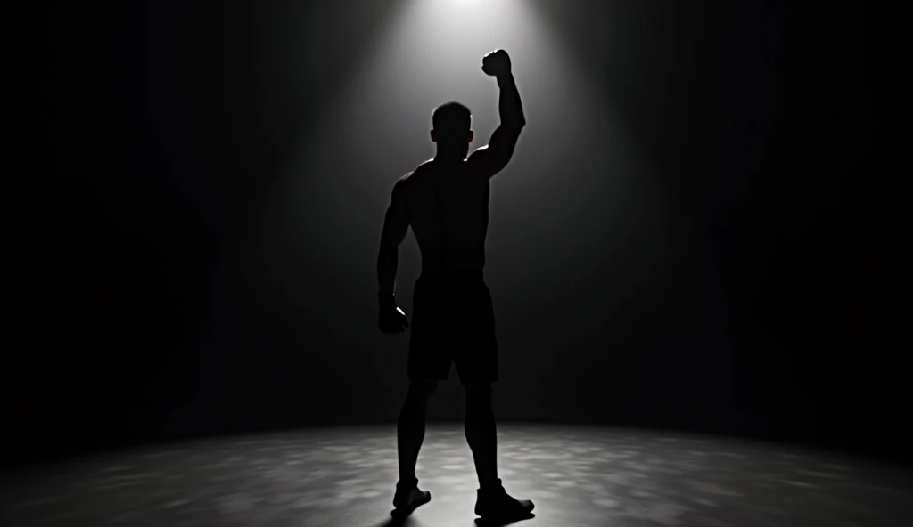  A fighter with a black silhouette stands in the center of the ring ,  taking a triumphant stance with his fist raised .  The completely black background contrasts with an intense light that illuminates only the ring, highlighting the fighter .