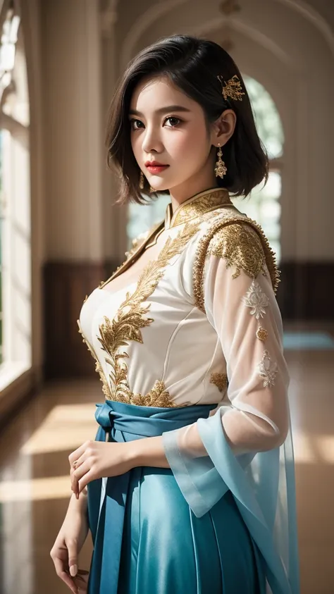 Gorgeus Girl, Potrait, Beautiful, Face Age 24 Year, Natural Skin, Large Colossal Breasts, Both Arms Open to The Side, ((Dark Blue - Gold - White Indonesian Kebaya)), Dark Blue Indonesian Kebaya, Brown Retina, Muscles, Bokeh, Indonesian Culture Background, ...