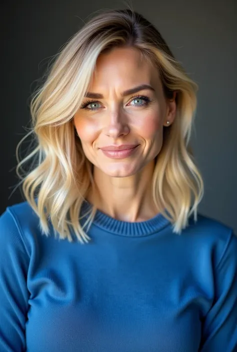 arafed woman with blonde hair and blue sweater posing for a picture, moleksandra shchaslyva, portrait of a 40 years old women, professional profile photo, magdalena radziej, julia gorokhova, yelena belova, lya pilnev, olya bossak, nadezhda tikhomirova