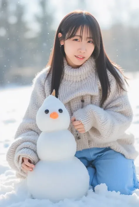 Photo-realistic winter scene of a beautiful Japanese girl beaming with pride next to her freshly completed her life sized snowman in a peaceful snowy landscape. Shes turned towards the viewer with a genuine, bright smile, her eyes sparkling with joy as she...