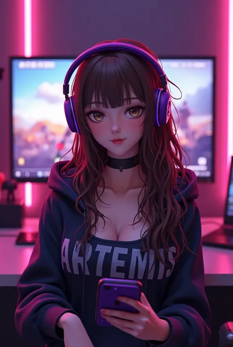  yotube avatar for Pubg .  Beautiful, SEXY 3d ANIME GIRL WITH BROWN LONG HAIR,  with big breasts ,  in a Esports hoodie with the words ON THE CHEST  "ARTEMIS". Sitting with headphones , and with a smartphone in hand, plays Pubg IN THE BACKGROUND A monitor ...