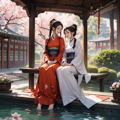 A serene scene set in an ancient Chinese-style courtyard, where young male and female disciples of a sword cultivation clan, dressed in traditional robes, are laughing, playing, and chatting after a long day of training. Some are sitting under a blooming c...