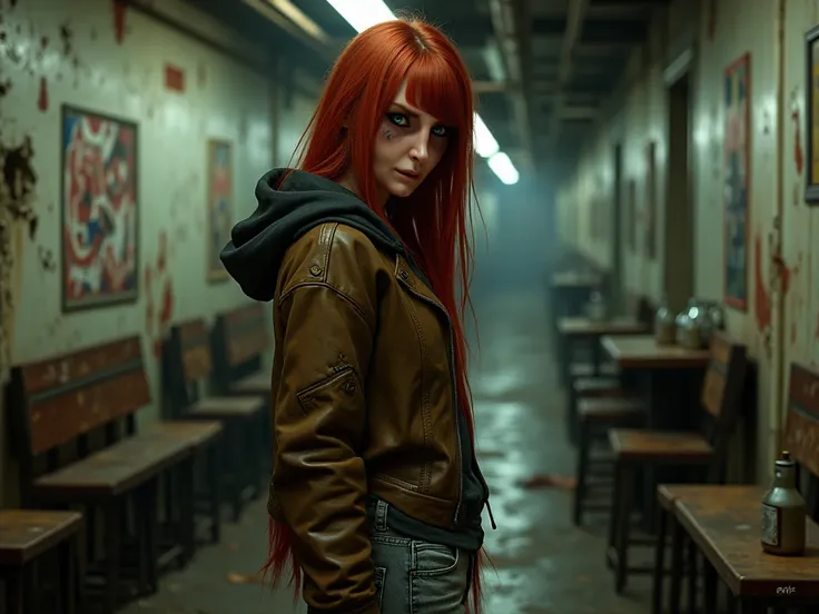 (The girl in the photo ), red straight hair,  green eyes, eyelids painted black ,  dressed in a brown leather hoodie , gray skinny jeans,  in a makeshift bar inside an abandoned subway station