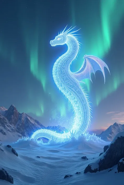 The northern lights form a glowing dragon ,  that rises out of a frosty landscape.