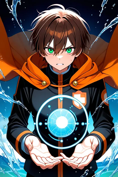 adolescent man with brown hair , water green eyes , who generated explosions of his hands , who has an orange cape and a black uniform and who looks very angry and hurt 