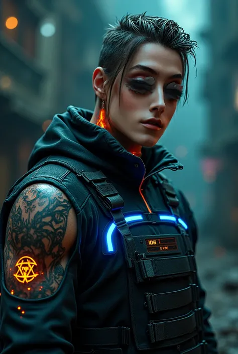 burns on the neck, neon lines on the jacket, bulletproof vest with neon technology, the jacket sleeve rolled up, ritualistic tattoos on the arms