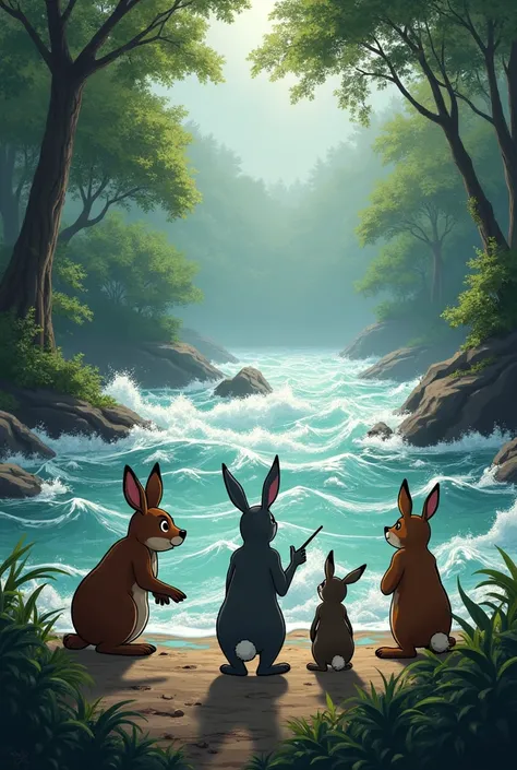 "A river overflowing with strong currents, its water flooding nearby areas. The animals stand on the riverbank, looking distressed. The rabbit is pointing toward the river, suggesting an idea, while others listen attentively. The scene is dynamic, with wat...