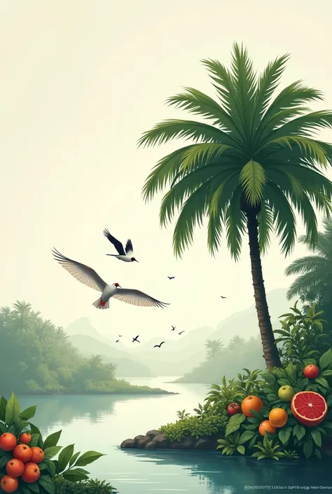 Palm plant in right fruts in left birds on middle flying river on middle and text BANGLADESH WITH LOW CONTRAST